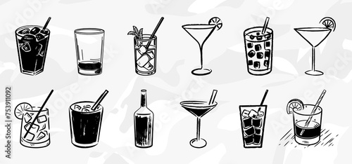 Alkoholische Getränke/Cocktails: Pinselstrich Zeichnungen Vektor Grafik Bundle