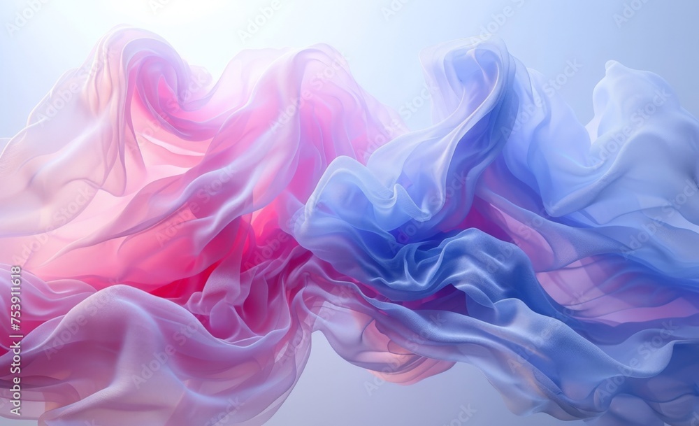 Abstract Blue and Pink Liquid Flowing in Air on White Background in 3D Rendering Concept