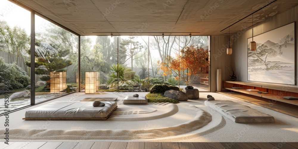 Fototapeta premium View from interior with zen inspired style inside on japanese garden house.