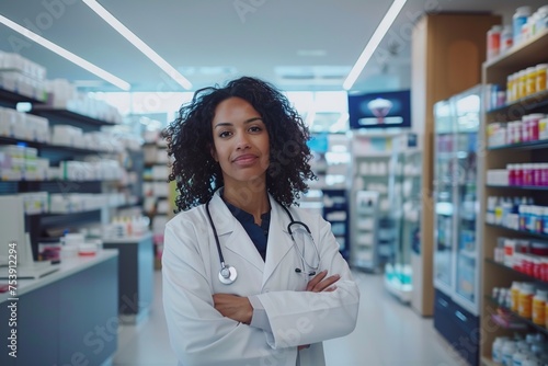Female Pharmacist in White Lab Coat at Pharmacy