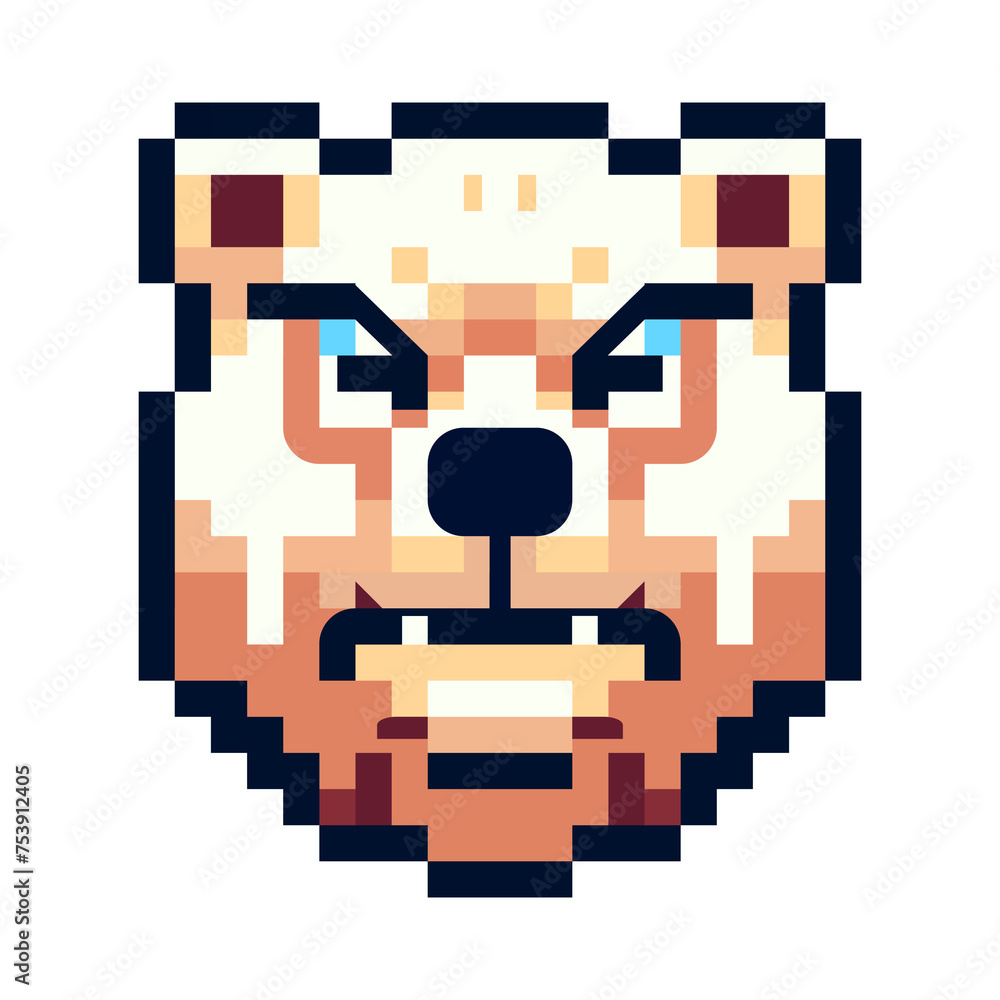 Obraz premium Pixel icon with a portrait of a brown bear that is angry and growls on a white background