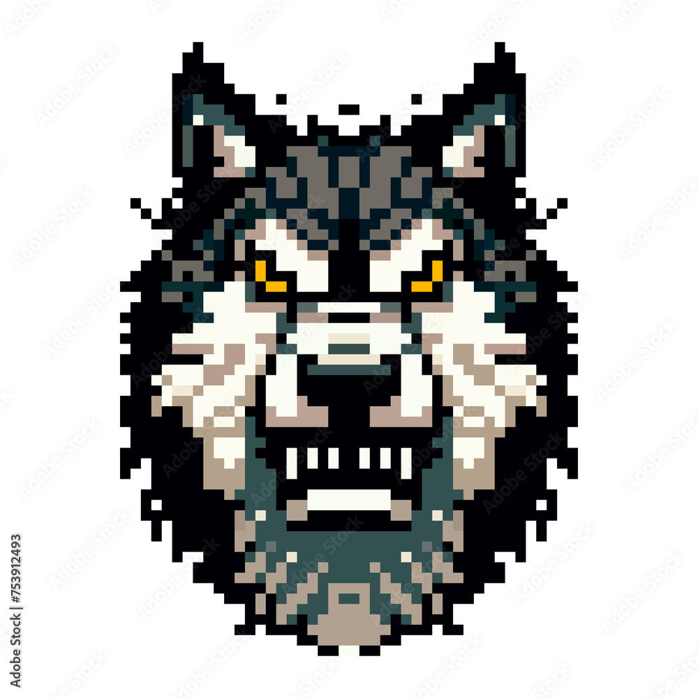 Pixel icon with a portrait of a gray wolf that is angry on a white background