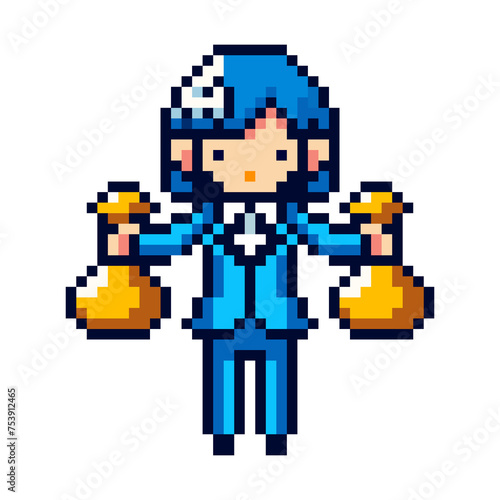 pixel icon with office worker in blue suit holding gold on white background