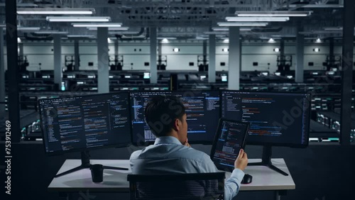 Back View Of Asian Man Developer Working With Tablet While Write Code With Multiple Computer Screens In Data Center photo