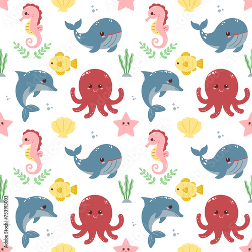 Seamless pattern of sea life. Cute sea animals. Vector flat illustration