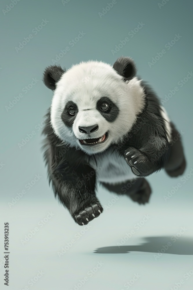 Naklejka premium Playful Panda Bear Jumping in the Air
