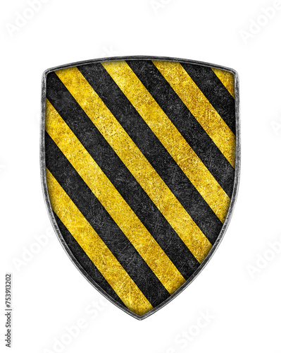 Old metal black and yellow striped shield isolated on white background