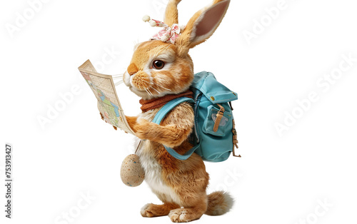 Easter Bunny Journey with Map and Pack Isolated on Transparent Background PNG.