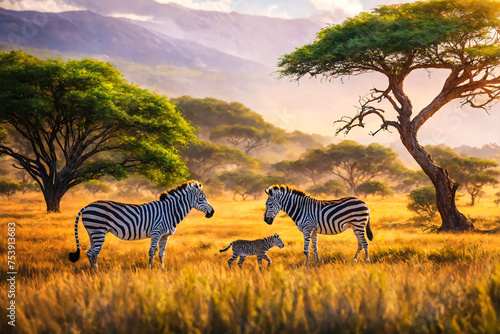 Zebra family in the African savanna
