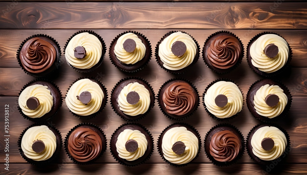 View from above of a variety of white and milk chocolate cupcakes on a wooden surface background View from above of a variety of white and milk chocolate cupcakes on a wooden surface background