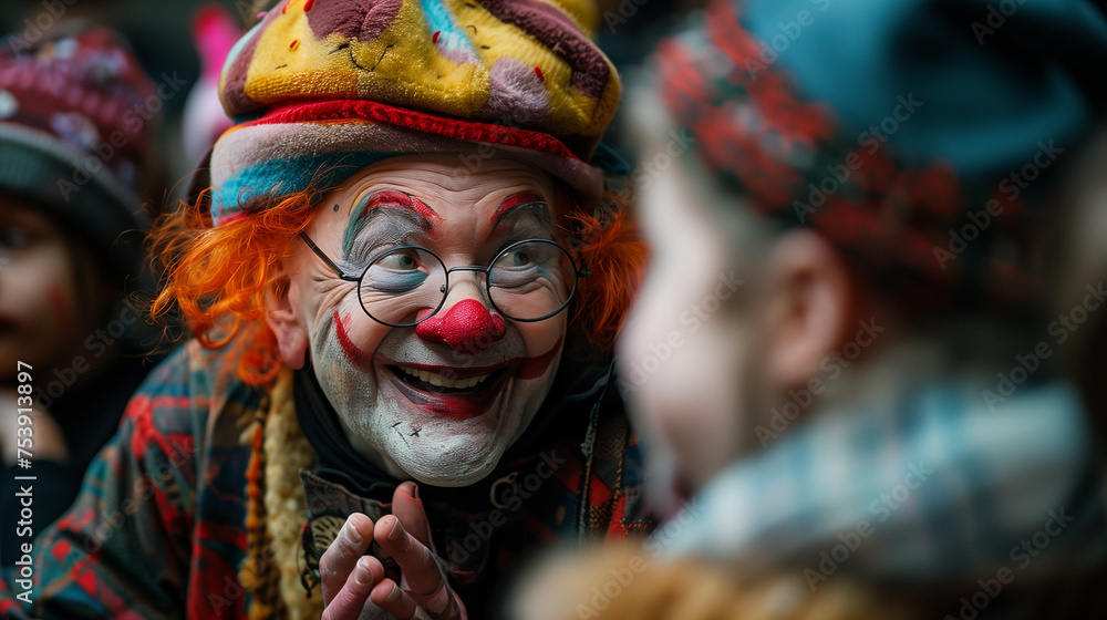 Fototapeta premium Clown interacting with kids during a story telling event at school.