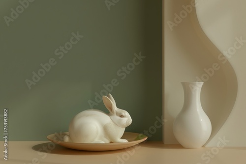 Bunny and Vase Easter set up in cozy green and beige colors