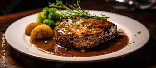 A white plate is presented with savory beef chops drenched in a rich Oni wine gravy  accompanied by a side of vibrant broccoli.