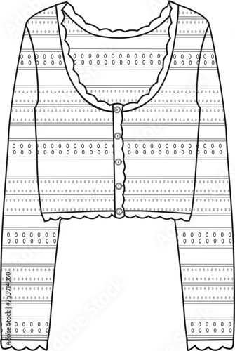 Women's Scallop Hem Crochet Cropped Cardigan. Technical fashion illustration. front, white color. Women's CAD mock-up.