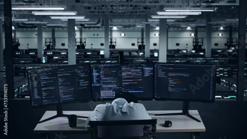 Back View Of Tired Asian Man Developer Sleeping While Write Code With Multiple Computer Screens In Data Center photo