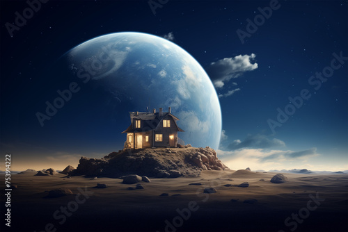 house on the Moon with a view of the Earth