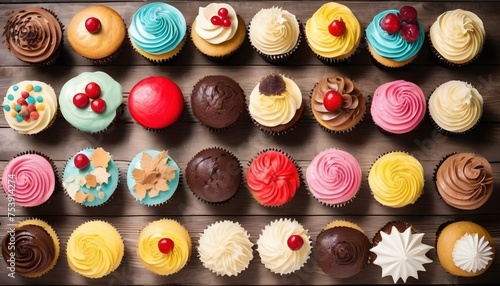 View from above of a big variety of colorful cupcakes on a wood surface