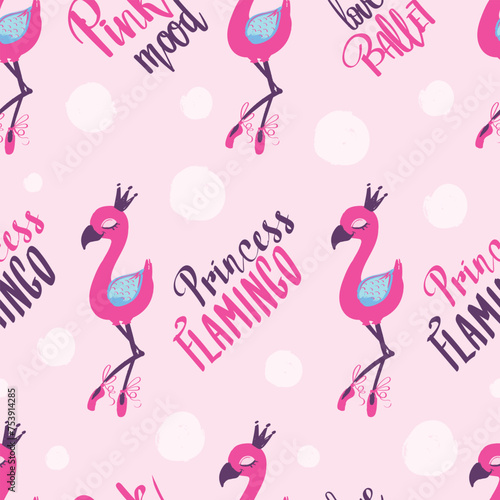 Pink flamingo seamless pattern with calligraphic text composition. love ballet. Feathered background. exotic bird and shabby dots repeated backdrop for girl, fashion clothes, textile,wrapping paper.