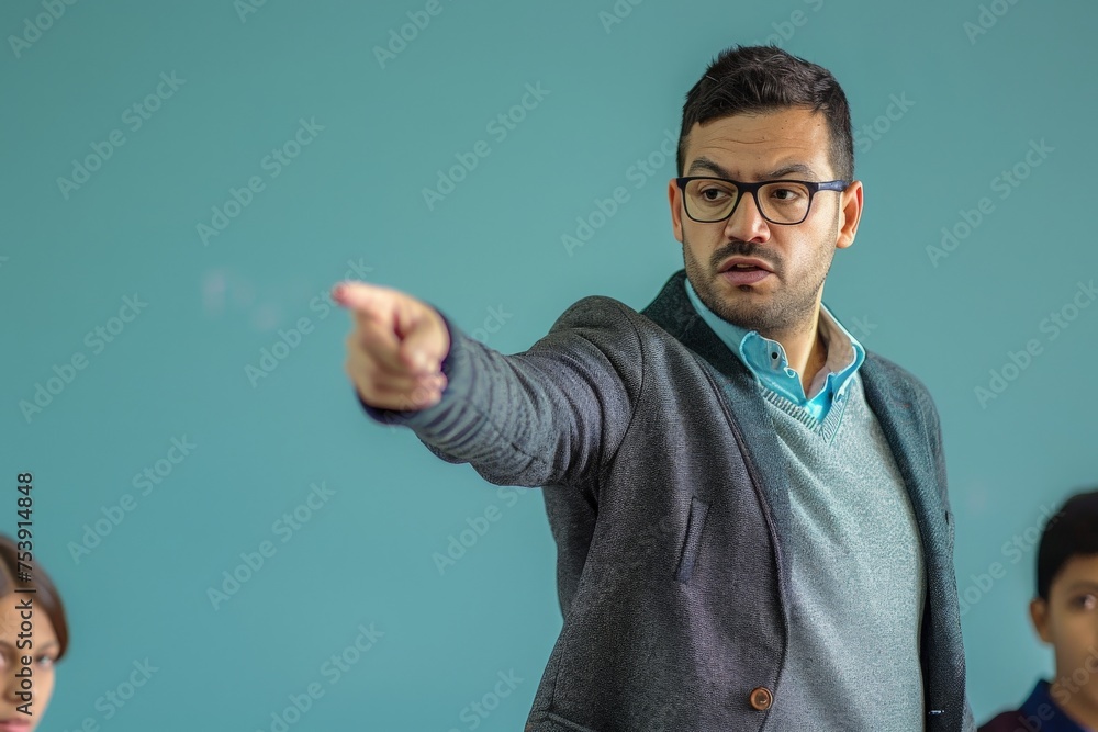 A high school teacher energetically points at something while standing in front of a diverse group of students, engaging them in a dynamic and inspiring way.