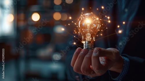 Businessman Holding Creative Light Bulb With Growth Graph And Aerospace Icons. Leveraging Aerospace Innovation Technology To Pioneer New Solutions And Advancements That Elevate Successful