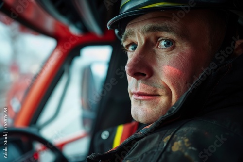 A male firefighter in a traditional uniform sits comfortably inside a bright red fire truck, ready for action. © AiHRG Design