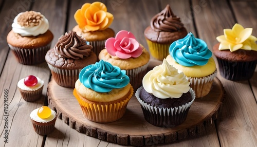 Colorful cupcakes with various topping on wood backgrounds, free space above