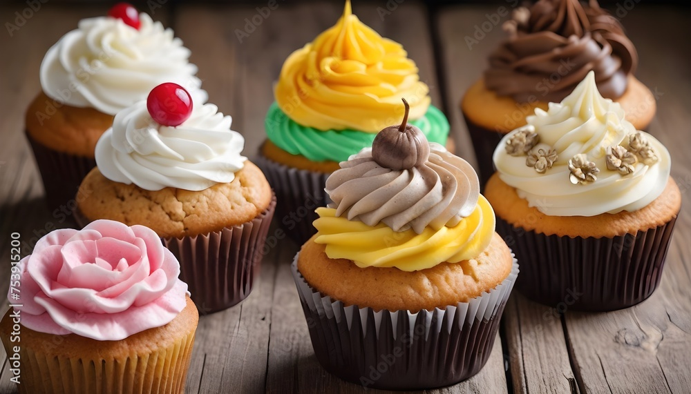 Colorful cupcakes with various topping on wood backgrounds, free space above