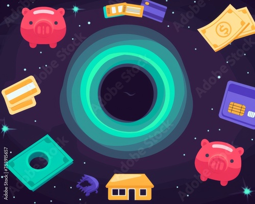 Financial Planning Concept: A Black Hole Surrounded by Symbols of Economy and Savings in a Vibrant Illustration