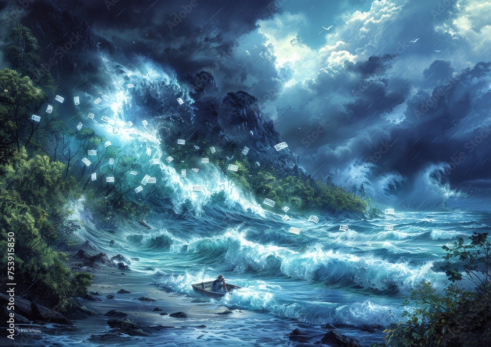 Obraz premium Stormy Seas of Financial Turbulence: A Boat Struggling Against the Overpowering Waves of Economic Hardship