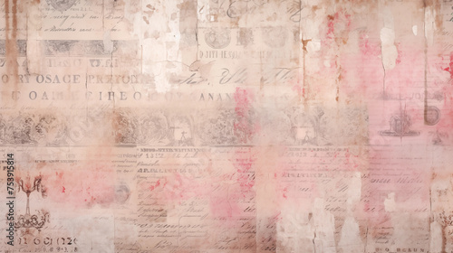 Vintage pink grunge Background with Antique Handwritten Script and Faded Ink Stains.