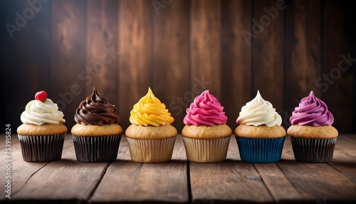  ix Colorful cupcakes with various topping on wood backgrounds, free space above photo