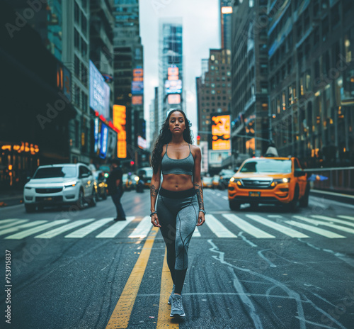 Young athletic black woman walking down the middle of a busy street in New York