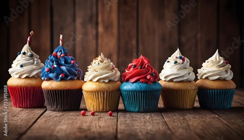 Six colorful cupcakes with various topping on wood backgrounds, free space above photo