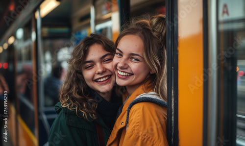 Urban Adventures: Joyful Friends Sharing a Laugh on Public Transit