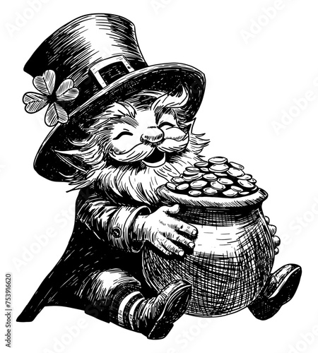 leprechaun holding pot of gold sits with coins hand drawn sketch St. Patrick’s Day luck folklore illustration isolated transparent background