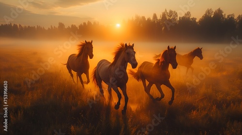 Herd of wild horses running gallop in dust at sunset time. A herd of horses running through a field on a Mexican Ranch at sunrise