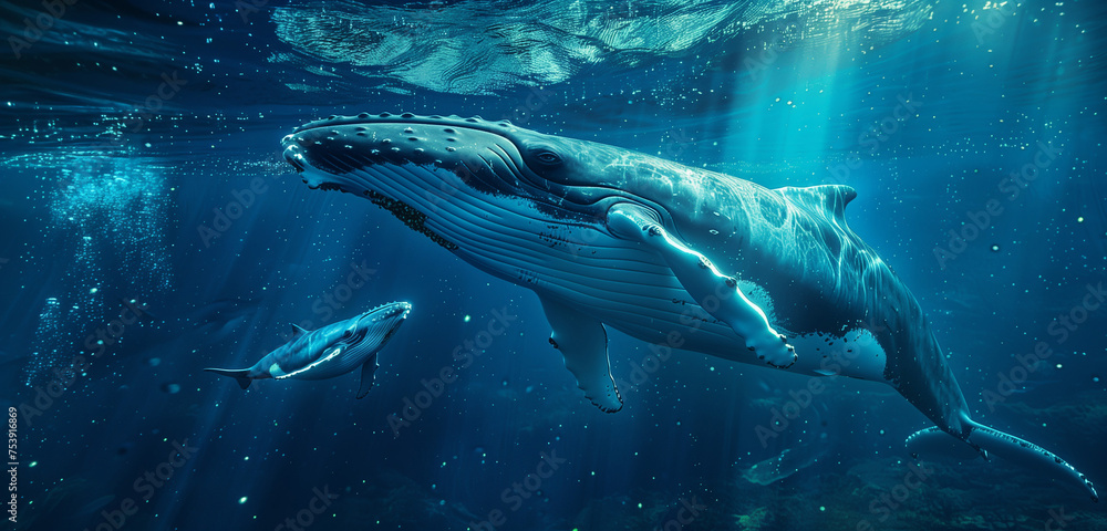 Fototapeta premium Humpback whale calf playing gracefully on the surface of the ocean