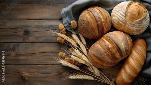 Composition with bread and wheat ears on wooden background, top view, copy space