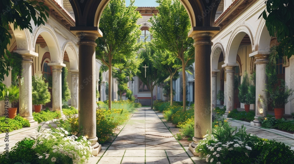 Naklejka premium Courtyard Of Neoclassical Style Catholic Church With Arched Passage