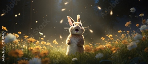A rabbit is standing amidst a vibrant field of flowers. The rabbits fur blends with the colorful blooms, creating a picturesque scene. The rabbit appears calm and observant, surrounded by the beauty © 2rogan