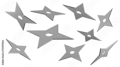 Fotografi Silver ninja throwing stars or shurikens isolated on transparent and white background