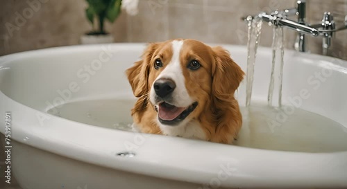 Close-Up Adorable and Happy Dog in the Bathtub Joyful Canine Bath Time, Pet Grooming Concept photo