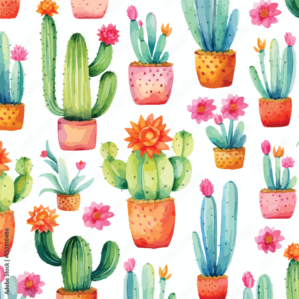 Watercolor seamless pattern with cactuses and flower