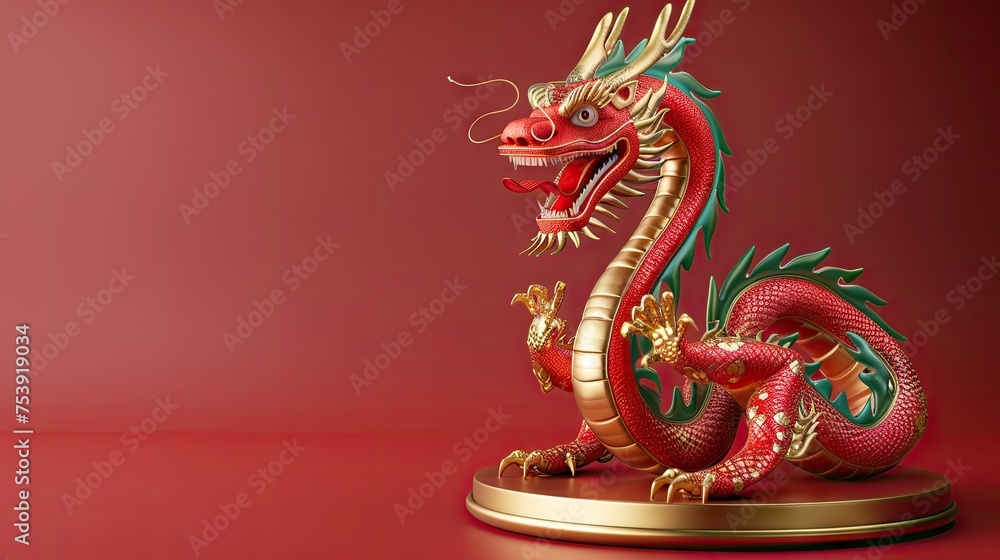 Obraz premium Dragon 3D Chinese 2024 Year Gold New Lunar Cny Podium Happy Background Red Golden. Chinese Dragon 3D Banner China Festive Illustration Invitation Money Party Green Japanese Render Celebration Blue