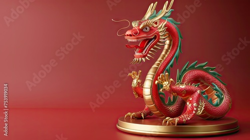 Dragon 3D Chinese 2024 Year Gold New Lunar Cny Podium Happy Background Red Golden. Chinese Dragon 3D Banner China Festive Illustration Invitation Money Party Green Japanese Render Celebration Blue