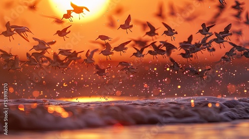 Dunlin Migration At Snettisham Coast At Sunset photo