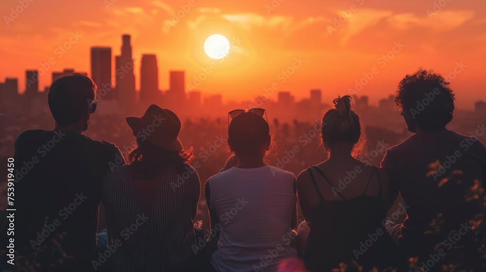 group of young people watching a sunset in the United States in high resolution and high quality