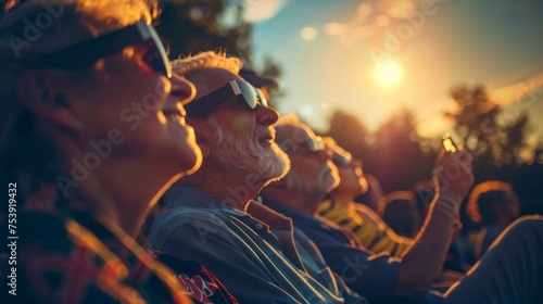 group of people with glasses watching a solar eclipse