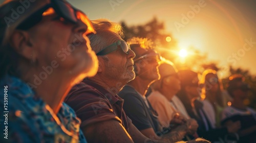 group of people gathered with glasses watching a solar eclipse in high resolution photo