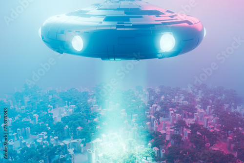 a flying saucer casting light over a city photo
